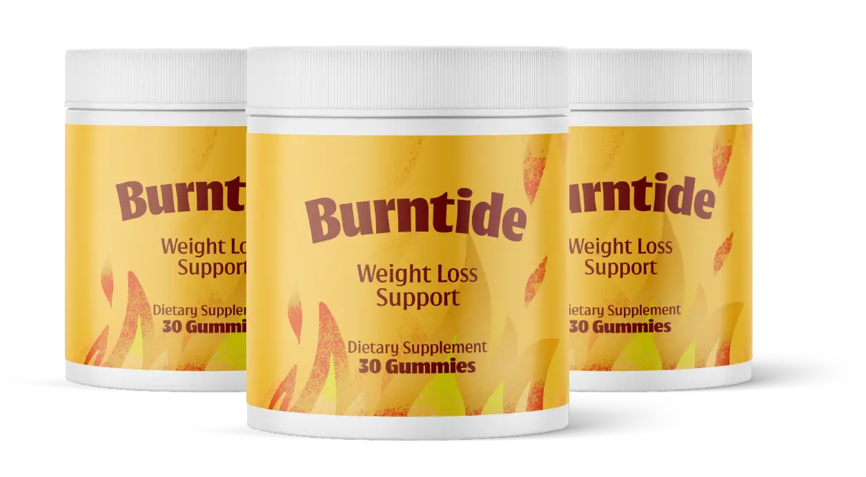 Burntide bottle tilted showing 30 daily gummies with 525mg Apple Cider Vinegar and BHB Salts blend