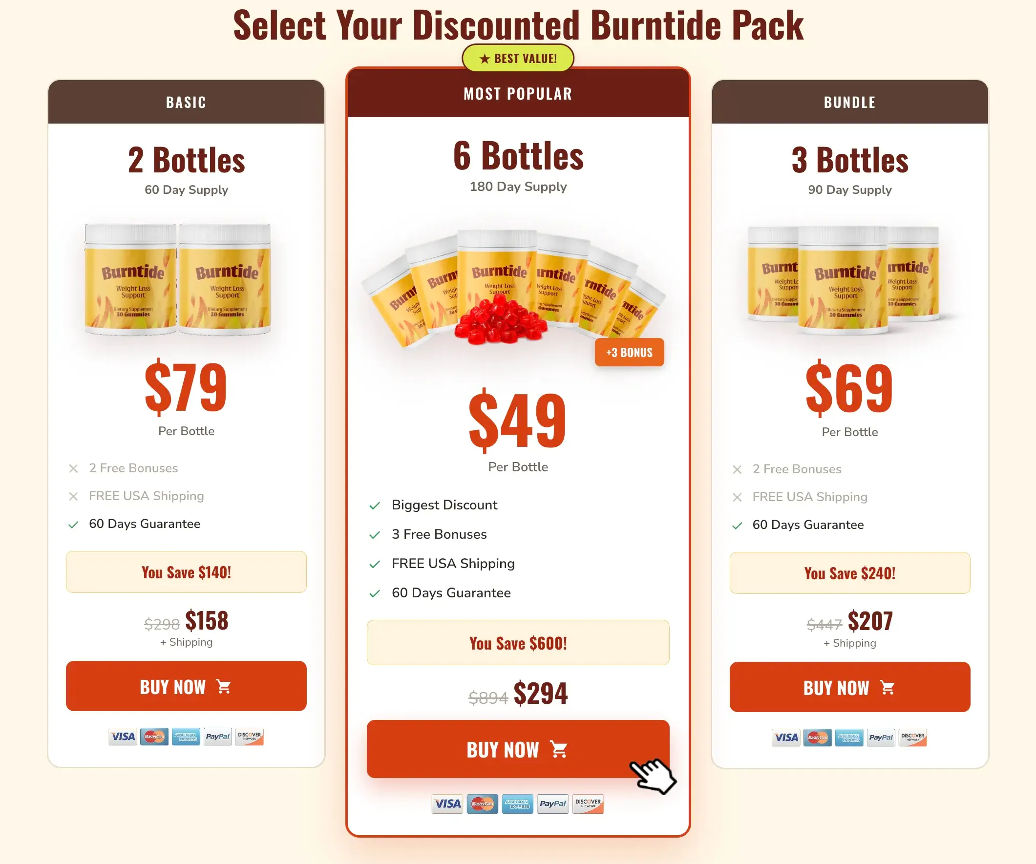 Burntide official pricing table — 2, 3, and 6-bottle bundles with Best Value 6-pack at $49 per bottle and free US shipping